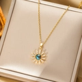 Titanium steel sun flower necklace with blue galaxy stone and white crystal accents - Gold Flower Style