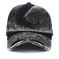 Detail of distressed brim and embroidered patch on acid wash denim baseball cap - Adjustable / Black