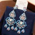 Elegant 925 silver bow earrings with light blue stones and hanging white pearls - 58# Blue Pink Rhinestone Pearl Waterdrop Tassel Studs