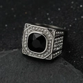 Men's 316 stainless steel ring with a large black square gemstone and crystal accents - Steel Black Stone