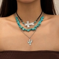 Detail of layered turquoise beaded necklace with silver cross and cactus pendants - 3-Layer Vintage Cross Cactus Leather Cord Style