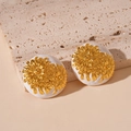 Detailed view of French vintage round daisy earrings with white enamel and gold floral relief - Silver Pin-Gold Printed Round Studs (White Base)