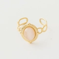 Detail of vintage gold ring featuring a pink oval gemstone and twisted rope texture - Adjustable Open / Oval Case Pink