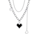 Silver multi-layer necklace set with pixel art black heart pendant for women - Silver Pixel Black Heart Double Layer Necklace