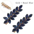 Golden leaf hair clips set with royal blue crystals and back duckbill clip detail - Gold + Royal Blue