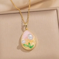 Collana vintage francese dorata con smalto rosa e una grande perla elegante - Paesaggio a Goccia d'Acqua - Rosa (A19 Rosa)