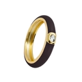 Detail of gold plated ring with black enamel band and central round zircon stone - Dark Brown