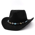 Zwarte cowboyhoed van vilt met decoratieve schelpkralen en een blauw gevlochten koord - M (56-58cm) / Zwart