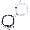 8mm natural stone magnetic heart bracelets for couples in black and white marble finish - Woven Style Heart Magnet / Black and White