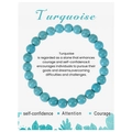 Elastic 8mm natural turquoise beaded bracelet on a white display card with meaning text - Turquoise Bracelet