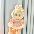 Plush green bunny hood and layered pastel dress for Labubu doll variant accessory - Tulip Dress Set With Pendant / First And Second Generation Keychains Are Compatible With La Cloth Dolls. Dolls Not Included.