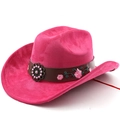 Detail of embroidered floral leather band and metal disc on hot pink western cowboy hat - M (56-58cm) / Rose Red