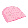 Detail view of pink ribbed beanie featuring large jacquard griviy visions text patterns - Light Pink Jacquard Letter Pink Knit Hat (I)