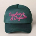 Detailed front view of dark green trucker hat with pink Cowboys & Tequila printing - One Size / Dark Green Rose Red Logo