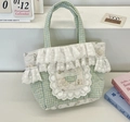 Quilted blue plaid tote bag with white lace trim and cute rabbit print for daily use - Cyan-Yellow Gingham