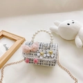 Girls' black and white tweed pearl handbag with pink bow and gold chain strap - Small Flower Black