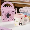 Cute ceramic cat mug with black cat and apple print, pink lid and matching gift box - Color Polka Dots - Handheld Gift Box