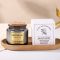 Handmade dark grey glass soy candle with cork lid and elegant white gift box packaging - Elegant Gray Rose Sandalwood