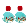 Boucles d'oreilles de Noël avec clous carrés rouges et pendentifs ronds illustrés colorés - Village Enneigé Bleu (E000130)