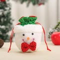 Christmas snowman drawstring gift bag made of white plush with green silk trim and red bows - Shiny Cloth Snowman