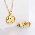 Detail view of 18K gold plated stainless steel hollow rose necklace and earring set - Camellia