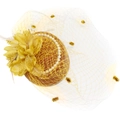 Elegant yellow fascinator hat with feathers, faux pearls and mesh veil for weddings - Glitter Gold