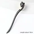 Sandalwood hair pin with fox carving in black finish, length 18cm for hanfu style - Carved - Spirit Fox