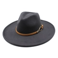 Detail of wide brim dark grey wool fedora hat with brown leather band and gold buckle - M / Dark Gray