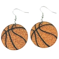 Detailed view of orange glitter basketball earrings with black textured lines and hooks - Orange Glitter Basketball