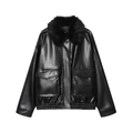 Women's black faux leather jacket featuring a detachable fur collar and cargo pockets - XS / Black