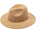 Classic camel wool felt fedora hat with wide wavy brim in a professional studio shot - Plain Flat Brim Without Rope / Light Khaki