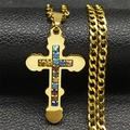 Macro shot of gold stainless steel cross pendant with colorful rhinestones on Cuban link chain - Gold Style B-Figaro Chain