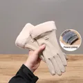 Gants d'hiver beige avec bordure en fausse fourrure rose et doublure polaire chaude - Taille unique / Étiquette en Cuir Deux Lignes Kaki (Doublé Peluche)