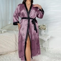 Plus size purple satin nightgown with black contrast trim and love print for women - Purple LOVE