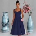 Detail of slim-fit navy blue strapless midi dress with front tie-up and side slit detail - S / Navy Blue