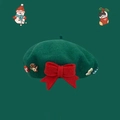 Dark green wool beret with large red bow and festive gingerbread man accessories - Large Bow Style / Dark Green