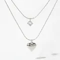 Double layer stainless steel necklace featuring a polished heart and round crystal pendant - Silver (PDD568)