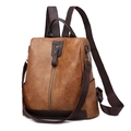 Brown vintage PU leather backpack with multi-functional straps and metal zipper detail - Caramel color