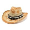 Handmade woven straw western cowboy hat with orange gradient edge and turquoise beads - M(56-58cm) / Rice Camel
