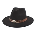 Classic black wool fedora hat with brown leather band and metallic rivets decoration - M(56-58cm) / Black
