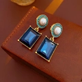 Vintage gold earrings with rectangular blue crystals and pearl accents on leather - Silver Needle Earrings-Blue