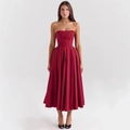 Elegant wine red tube top midi dress with corset bodice and flowing pleated skirt - S / Red