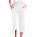 Detailed view of elastic drawstring waist and bow-tie cuffs on white linen pants - S / White