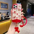 Detail showing red festive phone case with lucky horse charm and woven hand strap on iPhone - Pp Spring Festival * Red Happy Pony + Handbag / iPhone15