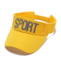 Detail of yellow sun visor cap featuring blue SPORT embroidery and breathable cotton texture - Yellow