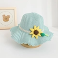 Light blue kids straw sun hat with yellow sunflower and white lace trim detail - Hat / Light Blue