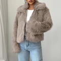 Elegant taupe faux fur jacket for women with zipper closure and a cropped minimalist design - S / Khaki