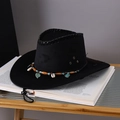 Black felt cowboy hat featuring exotic shell, wooden bead, and metal leaf decorations - Black