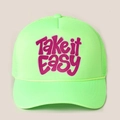 Fluorescent green trucker hat with Take it EASY print and adjustable mesh back - Fluorescent Green