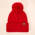 Gorro de punto rojo para niños con pompón, tejido acanalado y parche de moda - Rojo